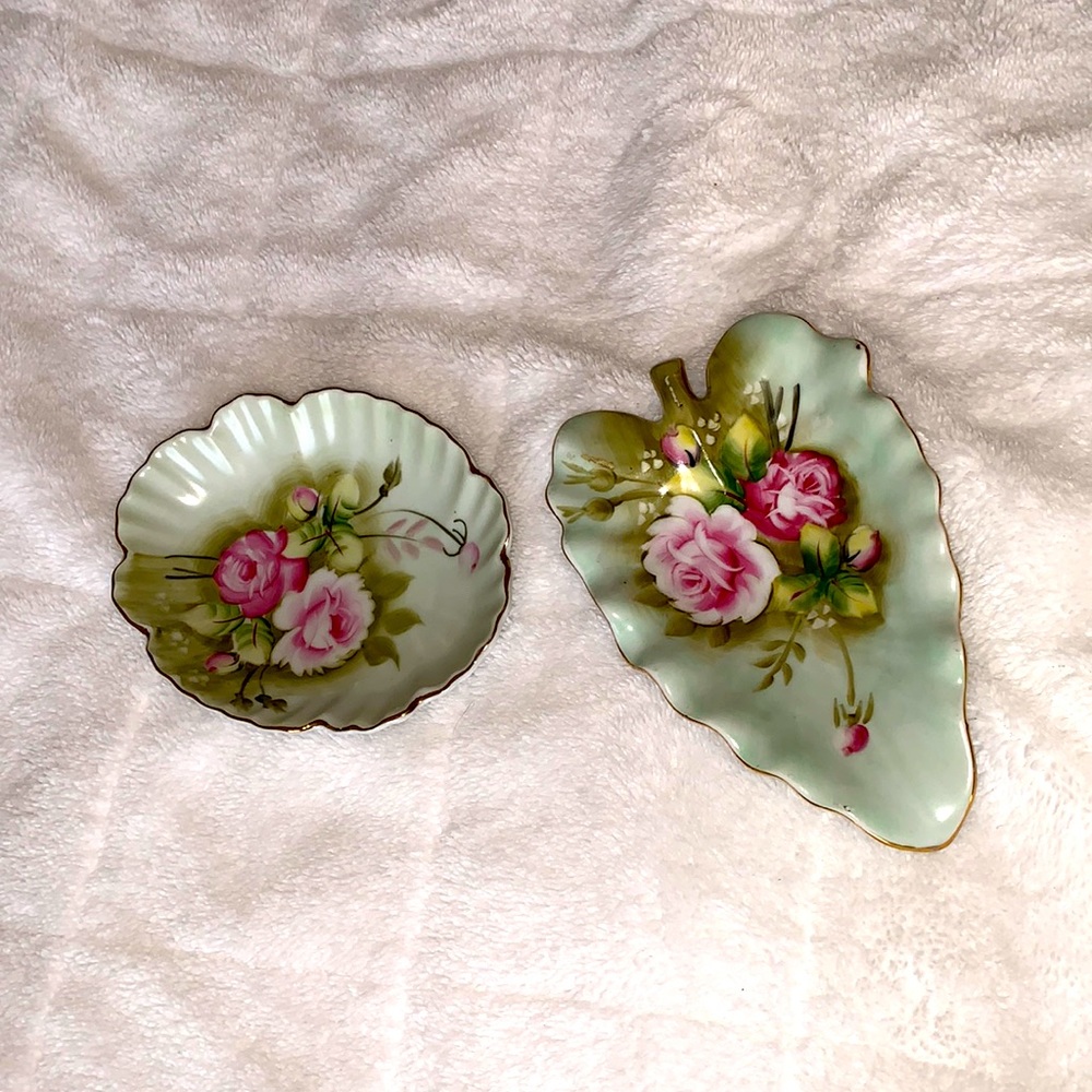 Lot 2 Antique vintage Lefton China, hand painted dish 1860. Nut Candy Trinket